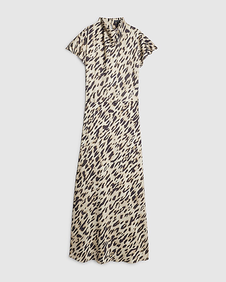 Beige Satin Leopard Print Maxi Dress