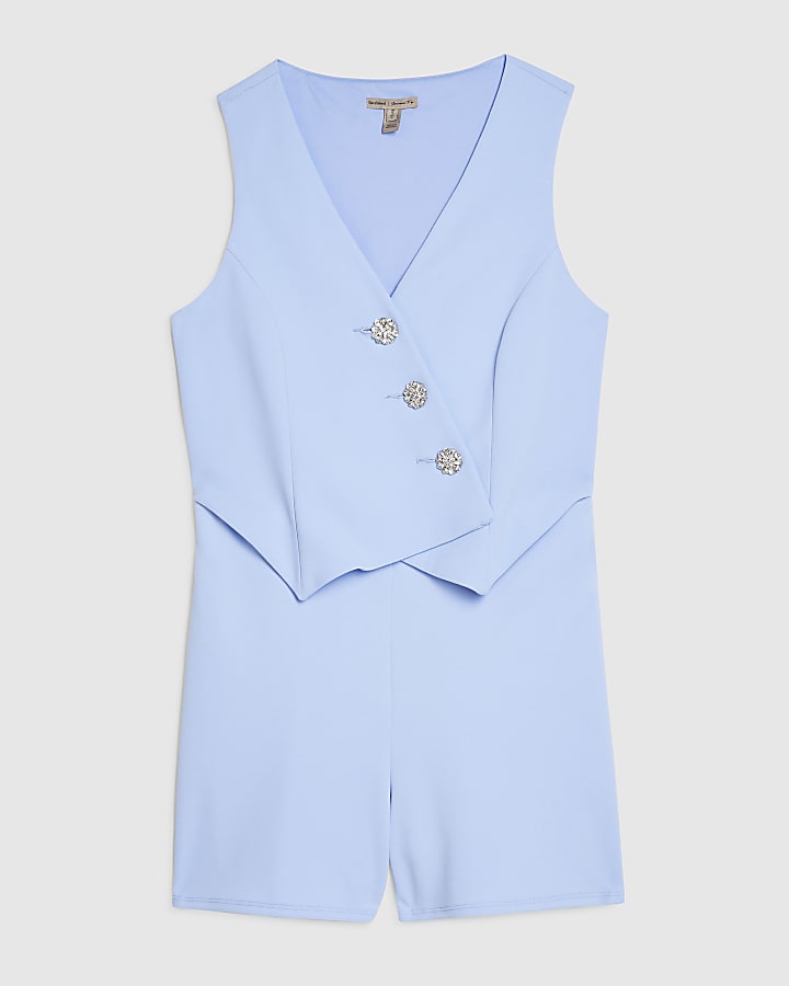 Blue Embellished Button Playsuit