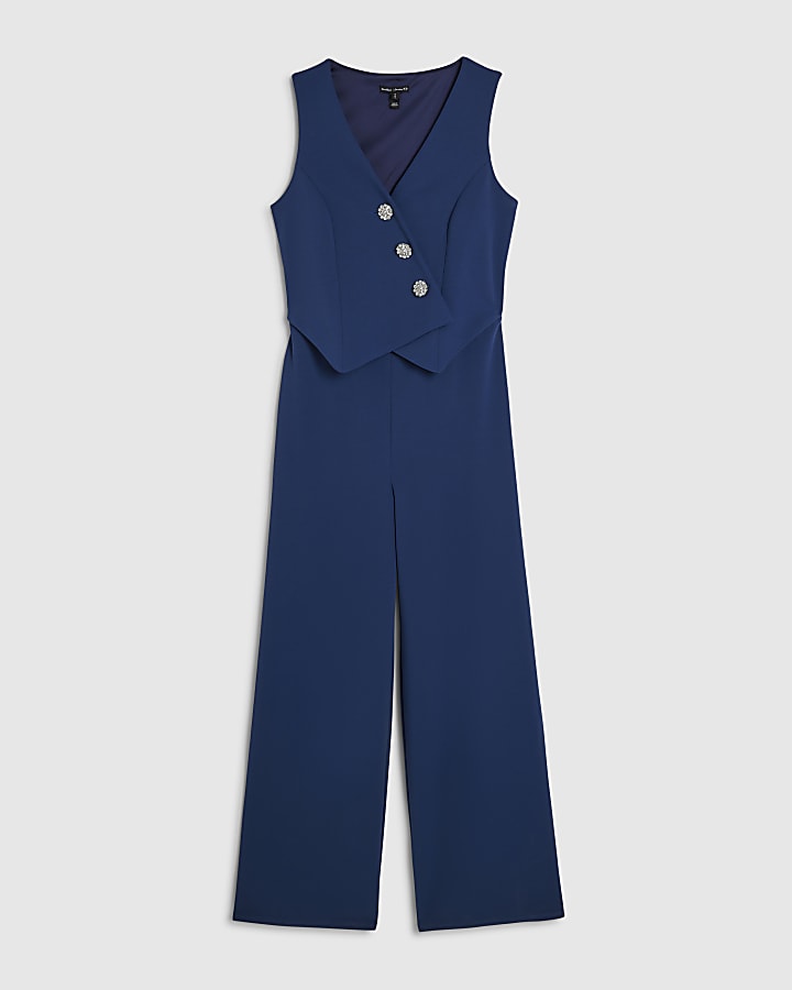Blue Embellished Button Waistcoat Jumpsuit