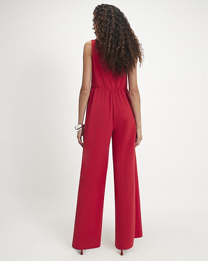 Red Embellished Button Waistcoat Jumpsuit