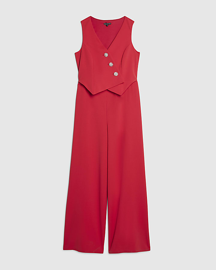 Red Embellished Button Waistcoat Jumpsuit