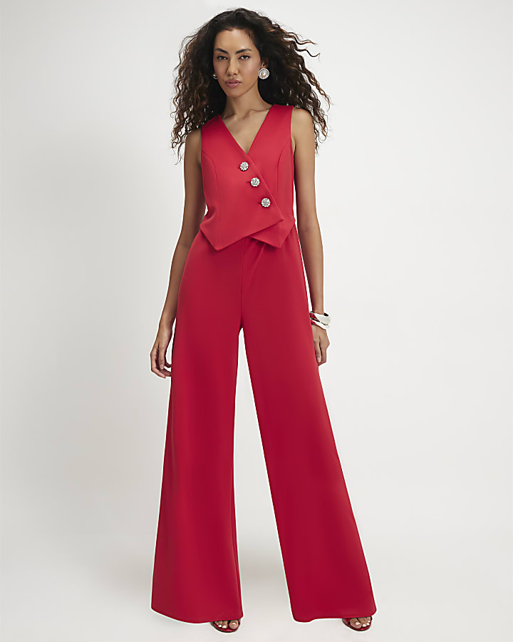 Red Embellished Button Waistcoat Jumpsuit