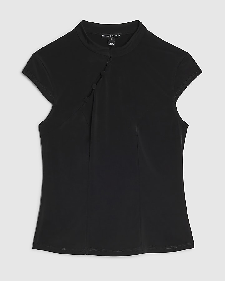 Black Short Sleeve Mandarin Top