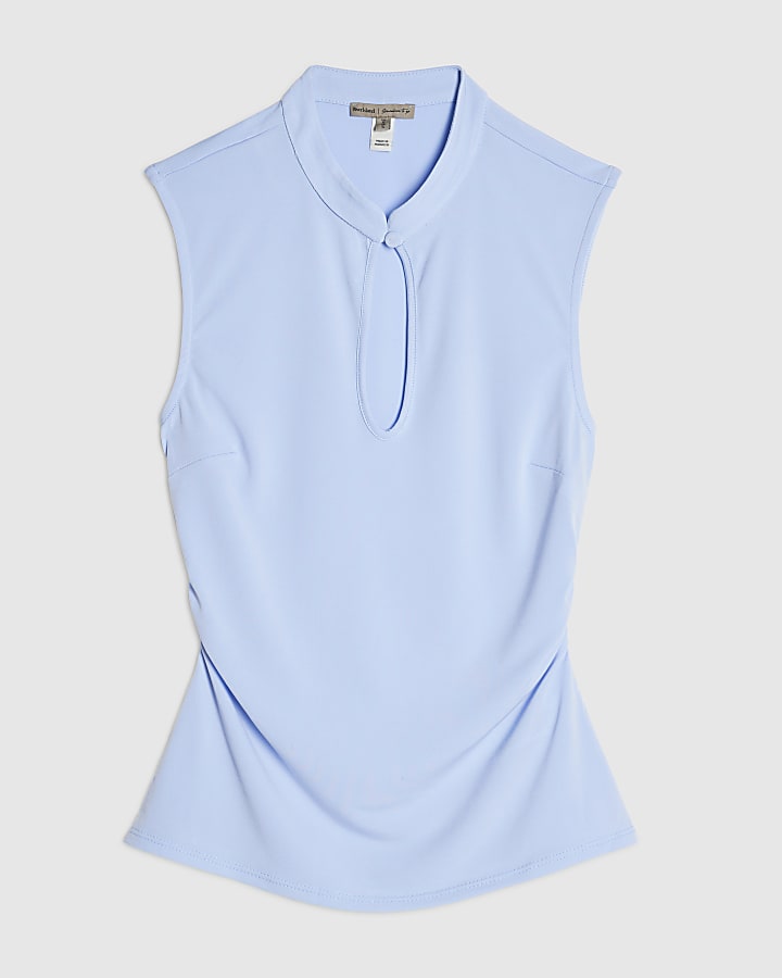 Blue Stand up Collar Keyhole Top