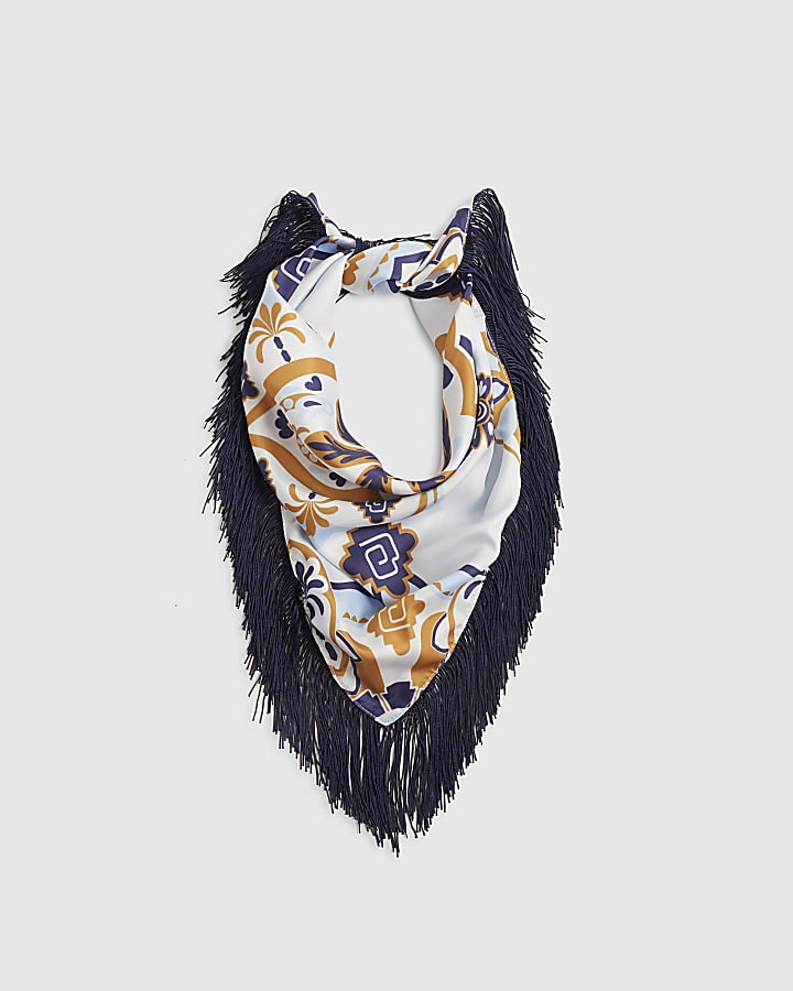 Blue Tapestry Fringe Scarf