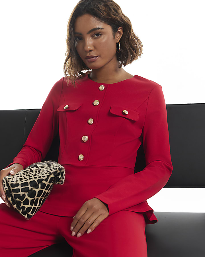 Red Button Down Ponte Peplum Top