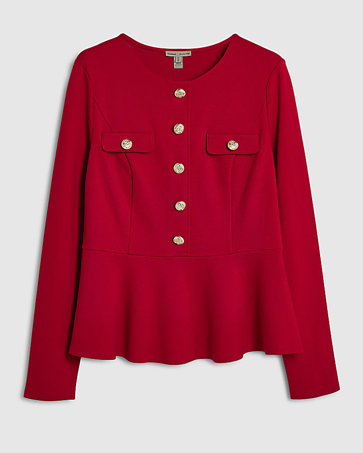 Red Button Down Ponte Peplum Top