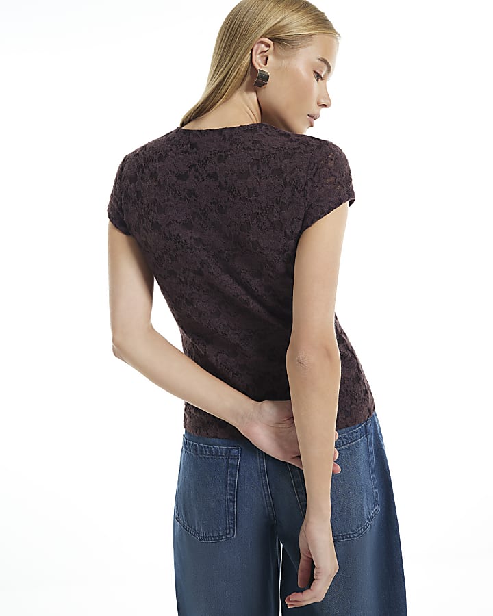 Brown Lace Fitted T-Shirt