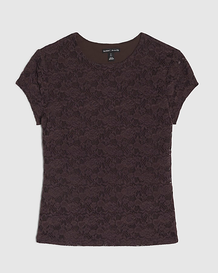 Brown Lace Fitted T-Shirt