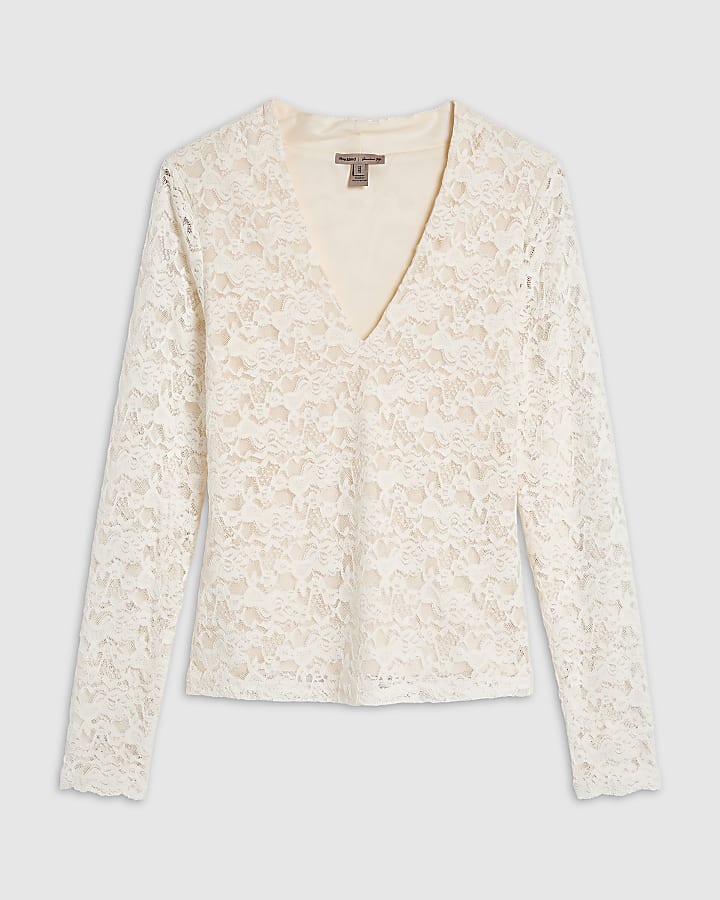 Cream Long Sleeve Lace Plunge Neck Top