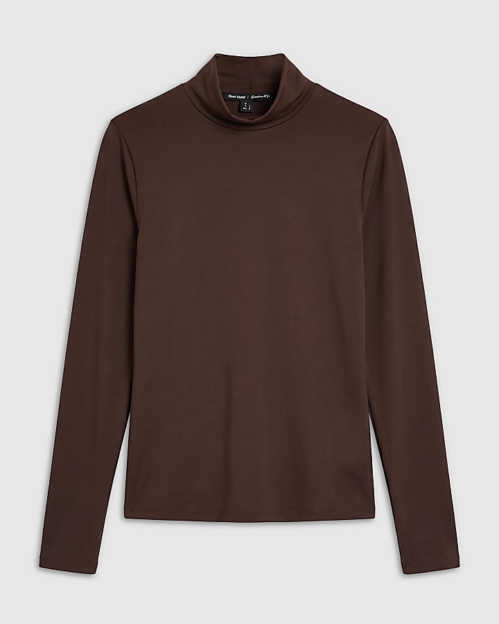 Brown Funnel Neck Top