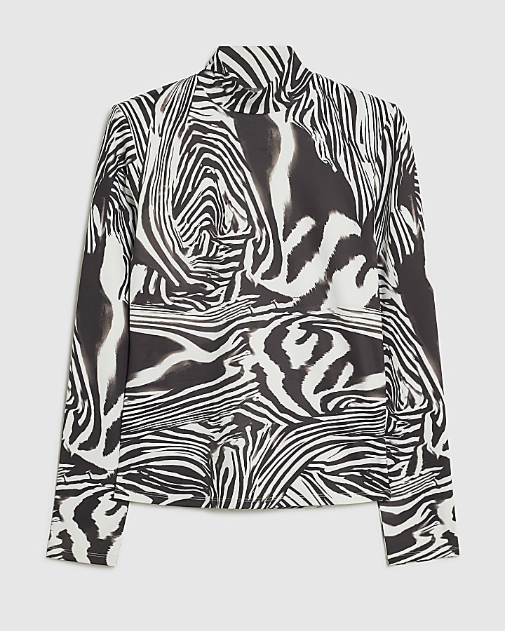 White Zebra Print Funnel Neck Top