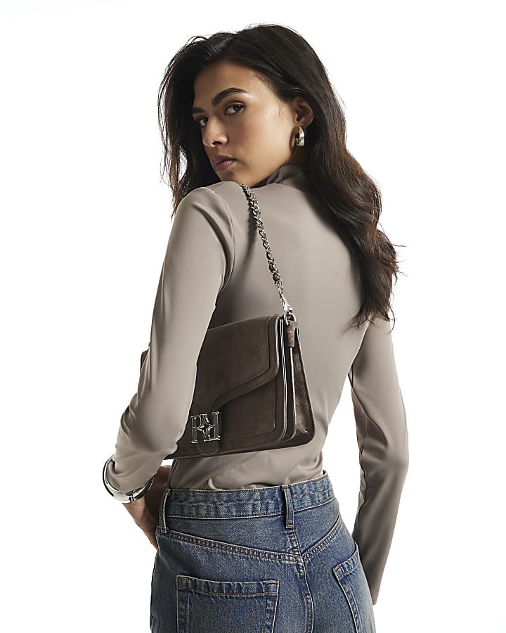 Brown Funnel Neck Long Sleeve Top