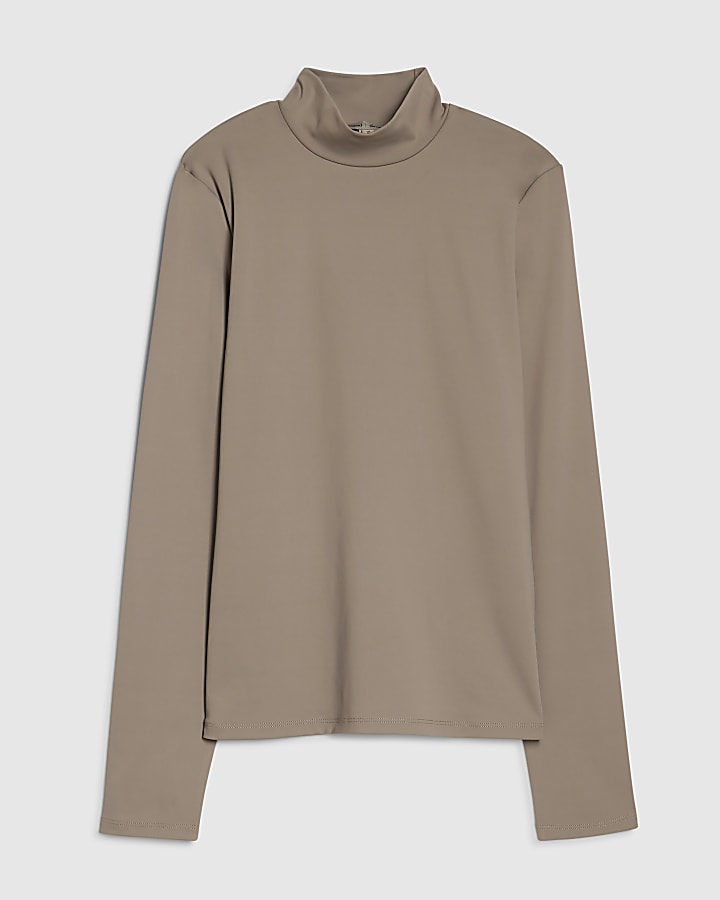 Brown Funnel Neck Long Sleeve Top