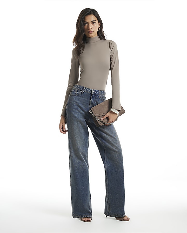 Brown Funnel Neck Long Sleeve Top