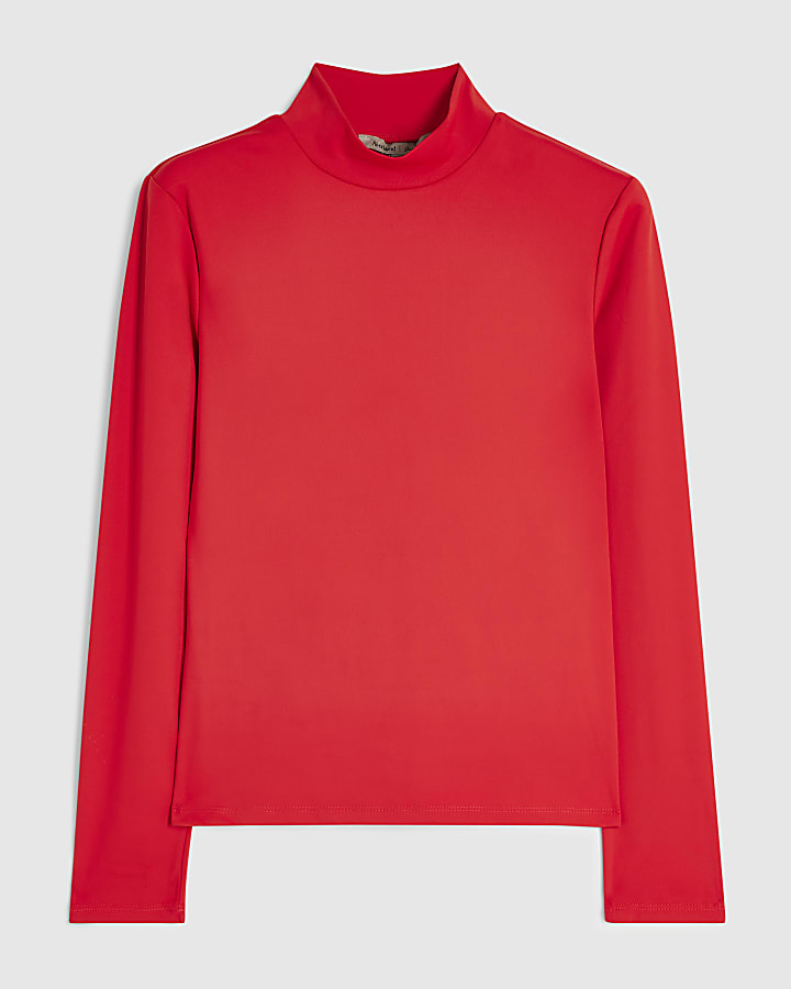 Red Long Sleeve Funnel Neck Top
