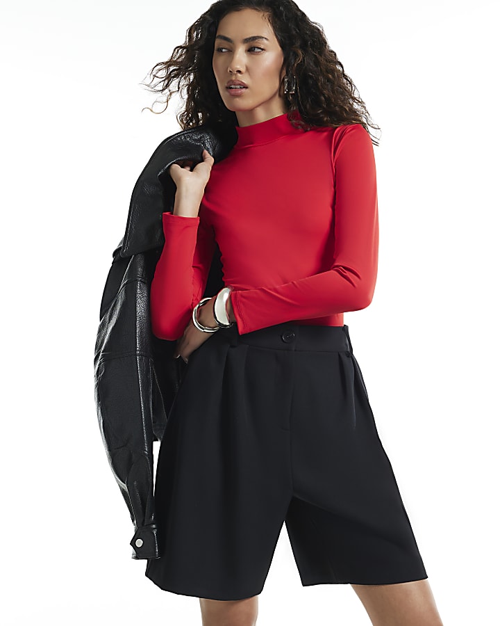 Red Long Sleeve Funnel Neck Top