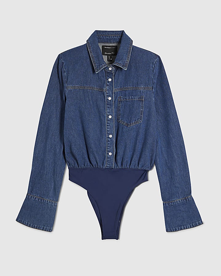Blue Denim Shoulder Pad Bodysuit