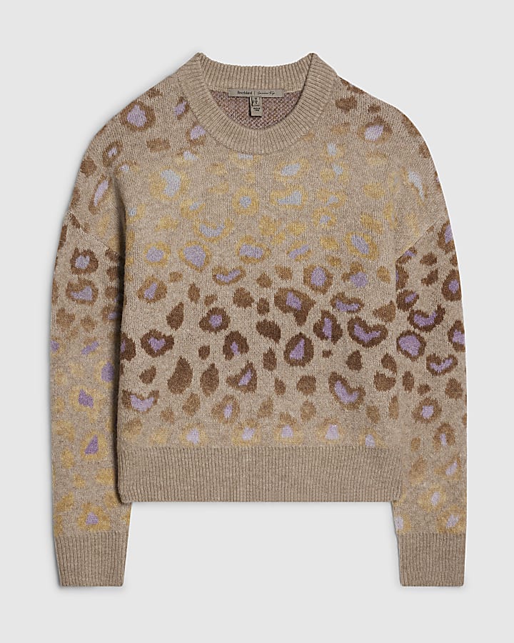 Beige Leopard Print Knit Crew Neck Jumper