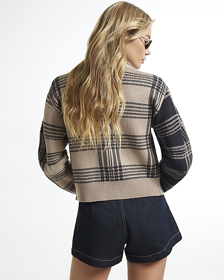 Brown Banana Sleeve Knit Check Cardigan