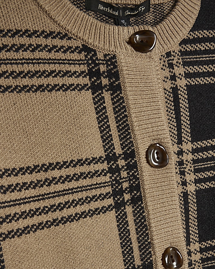 Brown Banana Sleeve Knit Check Cardigan