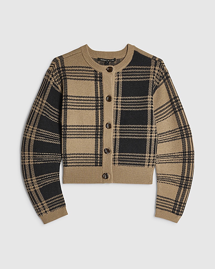 Brown Banana Sleeve Knit Check Cardigan