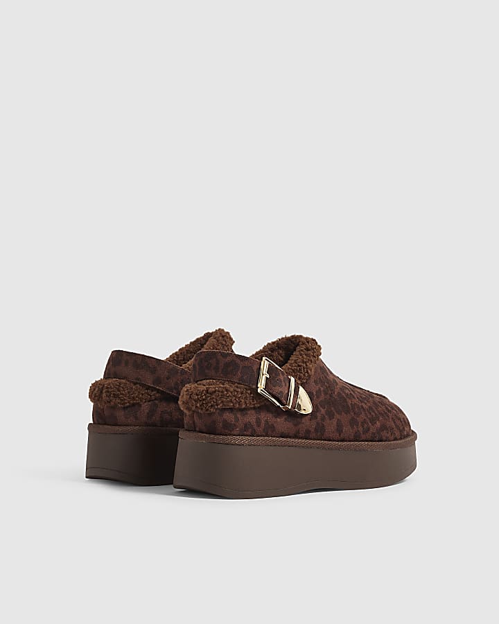 Brown Leopard Faux Fur Lined Slingback Shoes