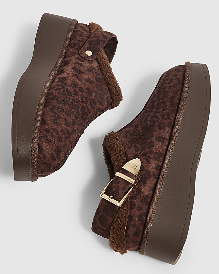Brown Leopard Faux Fur Lined Slingback Shoes