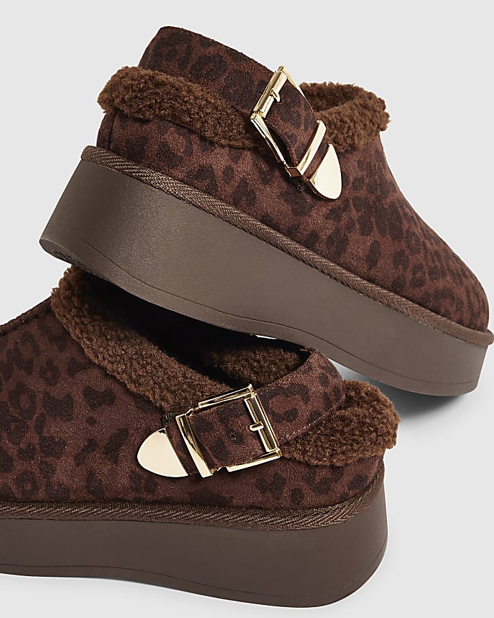 Brown Leopard Faux Fur Lined Slingback Shoes