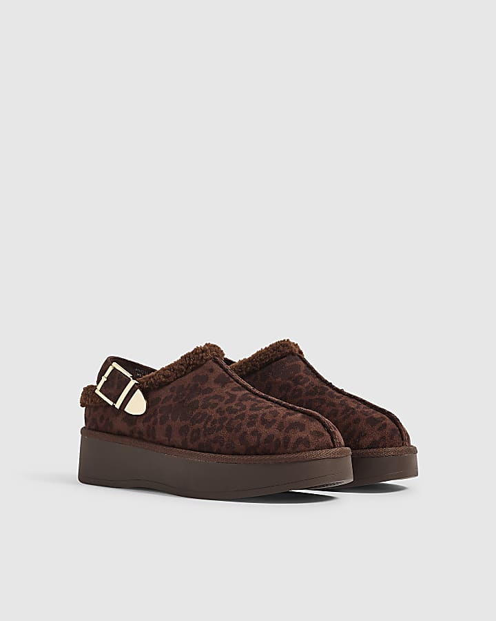 Brown Leopard Faux Fur Lined Slingback Shoes