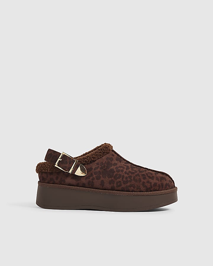 Brown Leopard Faux Fur Lined Slingback Shoes