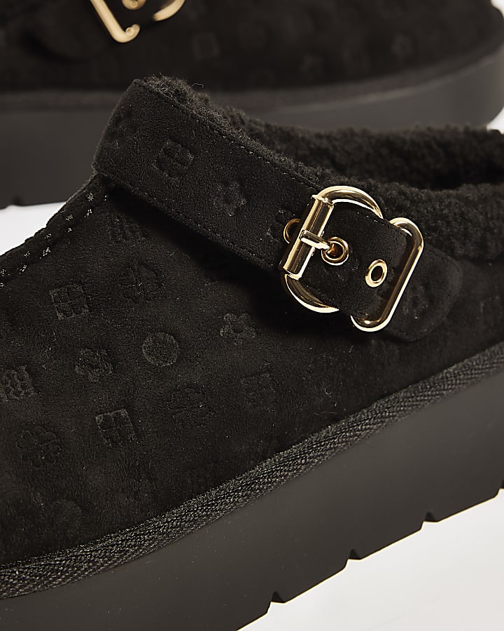 Black Monogram Faux Fur Lined Buckle Boots