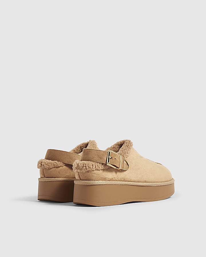 Beige Faux Fur Lined Slingback Shoes