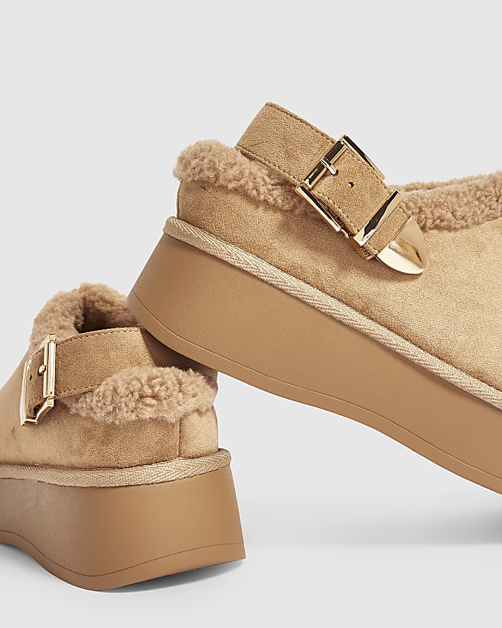 Beige Faux Fur Lined Slingback Shoes