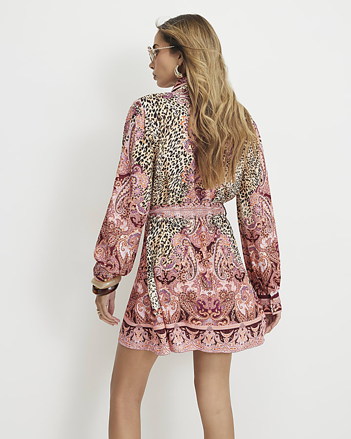 Brown Cotton Leopard Print Shirt Dress
