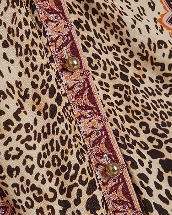 Brown Cotton Leopard Print Shirt Dress