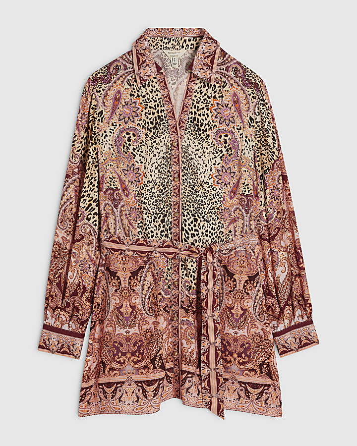 Brown Cotton Leopard Print Shirt Dress