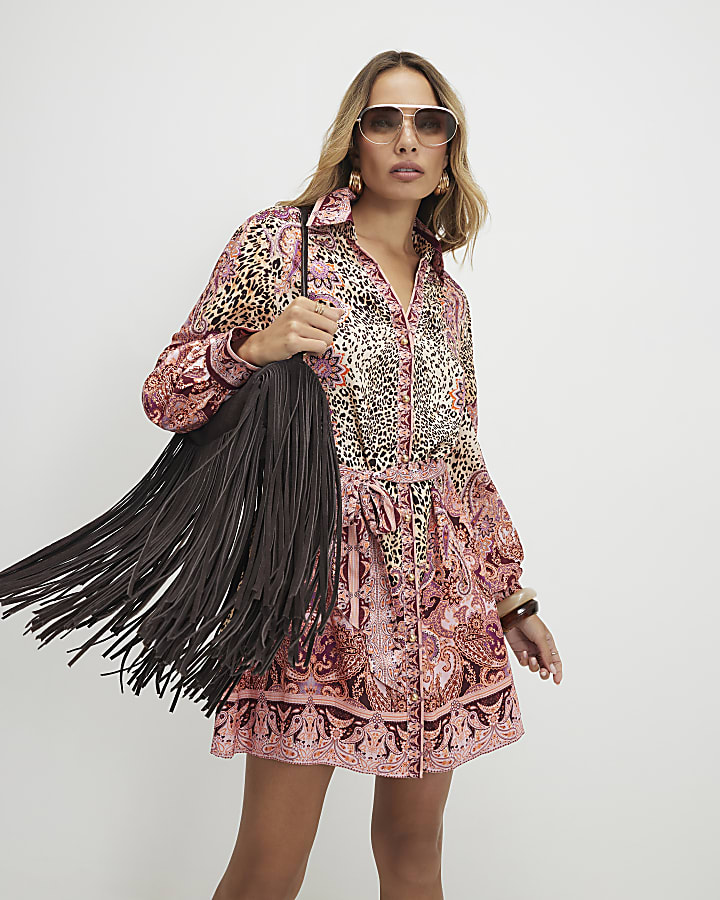 Brown Cotton Leopard Print Shirt Dress