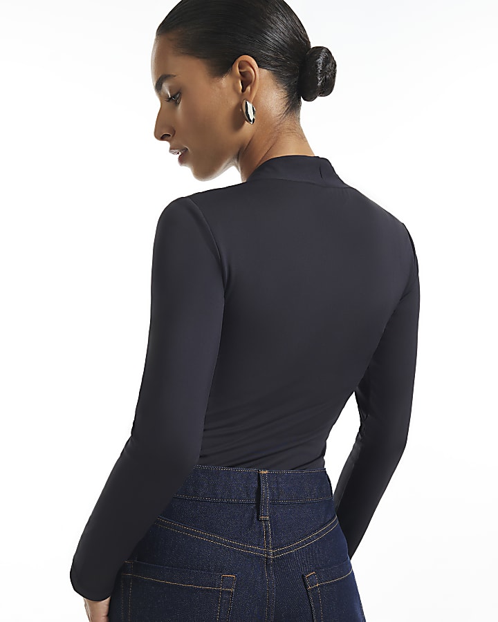 Petite Black Long Sleeve Plunge Neck Bodysuit