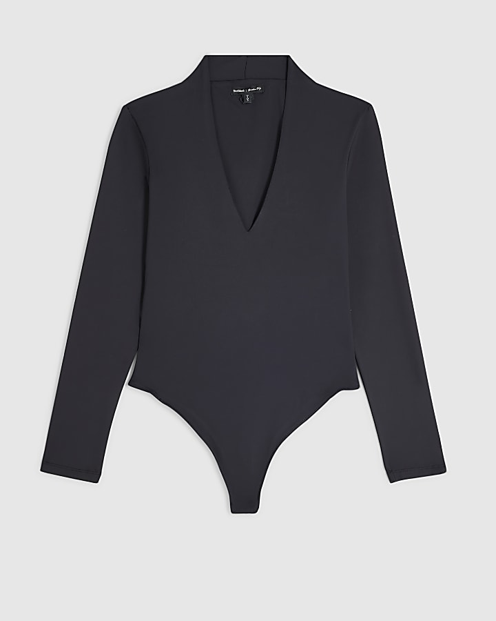 Petite Black Long Sleeve Plunge Neck Bodysuit