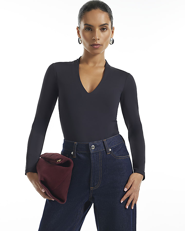 Petite Black Long Sleeve Plunge Neck Bodysuit
