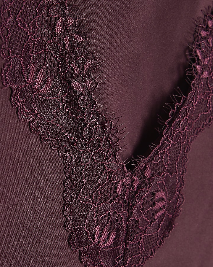 Petite Burgundy Lace Trim Plunge Bodysuit