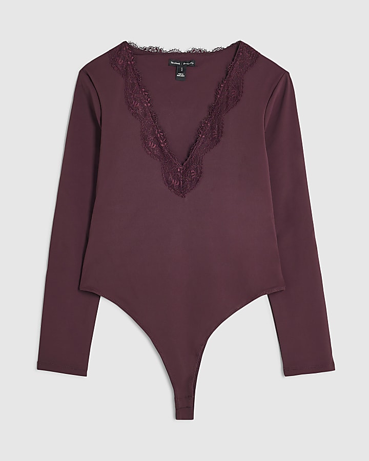 Petite Burgundy Lace Trim Plunge Bodysuit