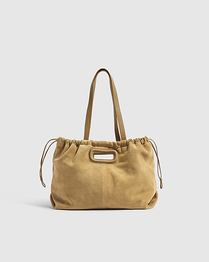 Beige Suede Cinch Gem Scrunch Tote Bag