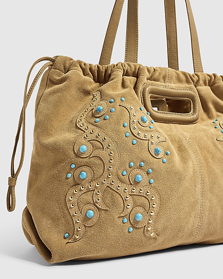 Beige Suede Cinch Gem Scrunch Tote Bag