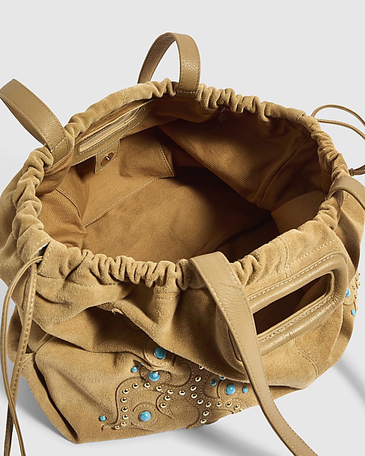 Beige Suede Cinch Gem Scrunch Tote Bag