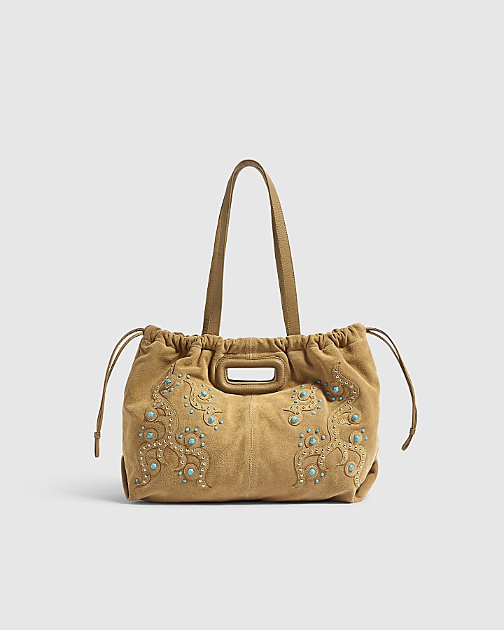 Beige Suede Cinch Gem Scrunch Tote Bag