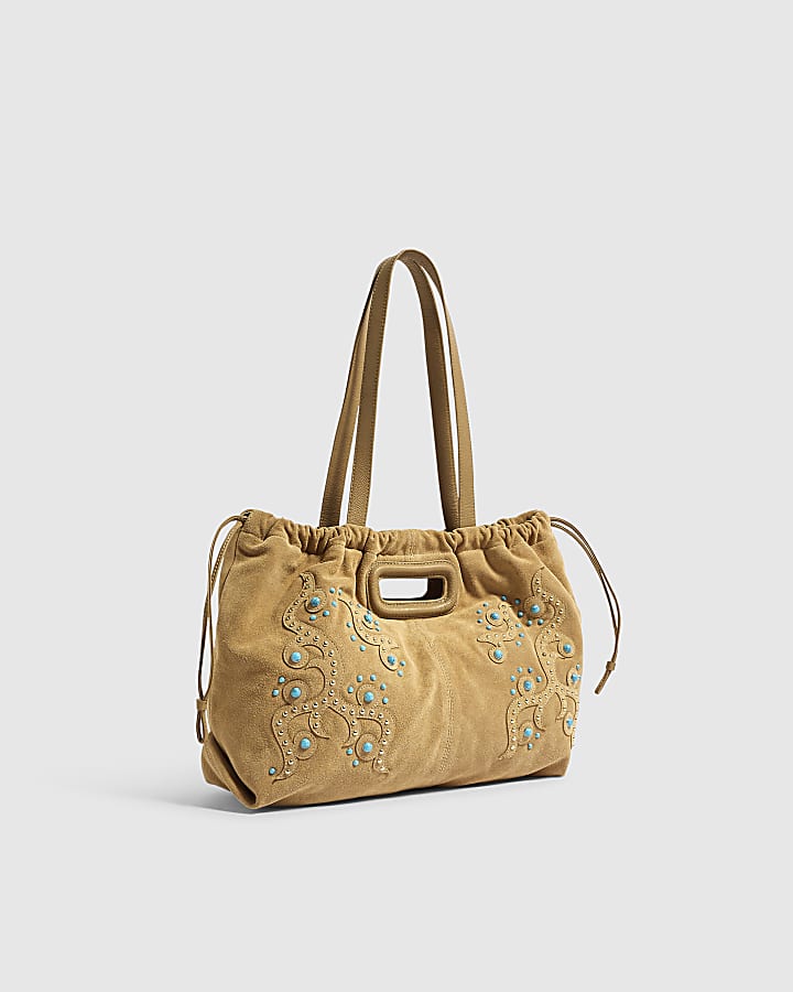 Beige Suede Cinch Gem Scrunch Tote Bag