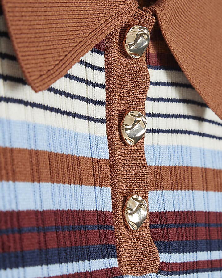 Blue Striped Rib Knit Polo Top