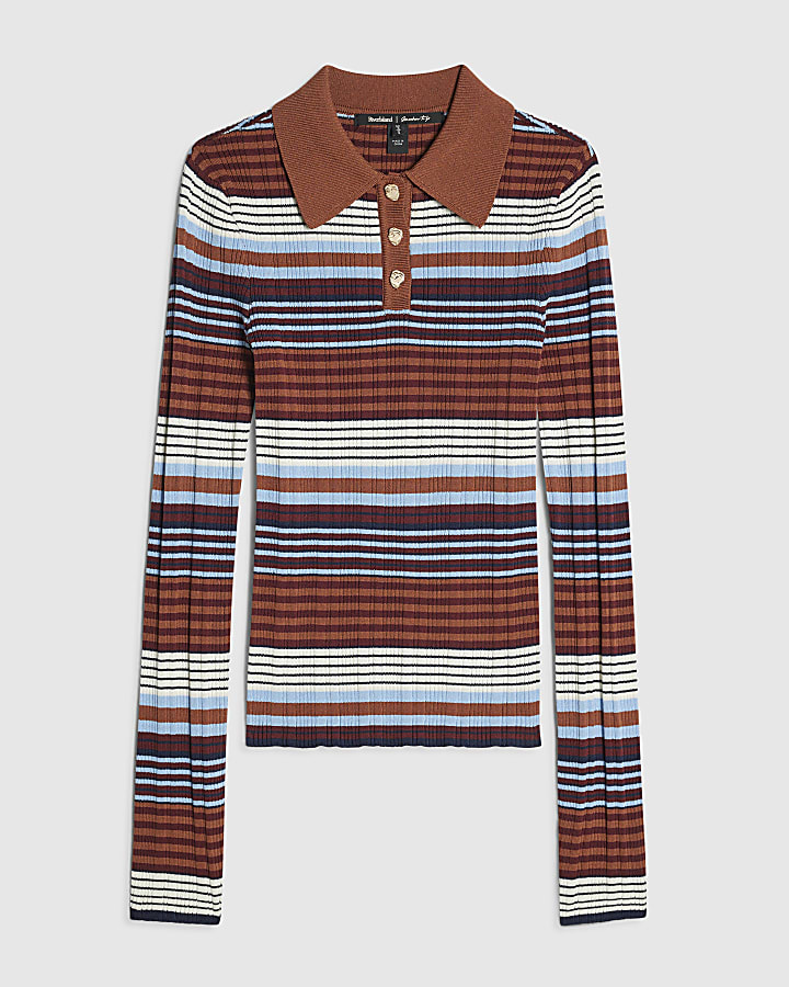 Blue Striped Rib Knit Polo Top
